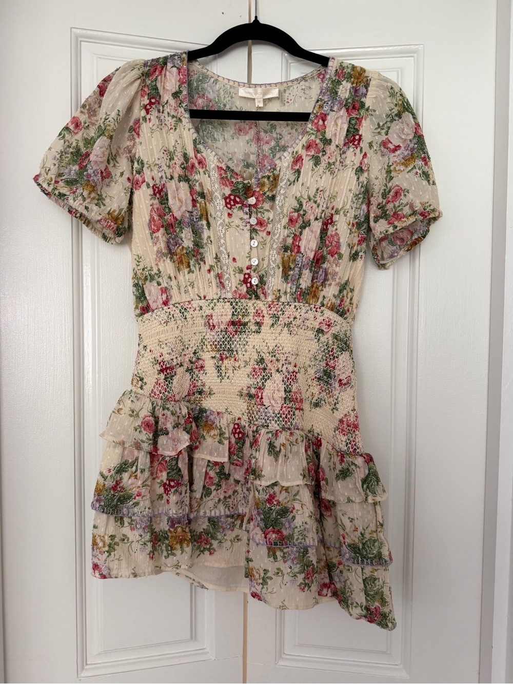 LoveShackFancy Cream Floral Mini Dress with Pink & Green trim